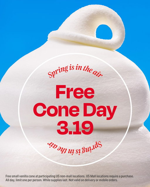 Getting a FREE cone 🤝 March 19​

We’ll be handing out FREE small cones on March 19 at participating DQ locations. 🎉 