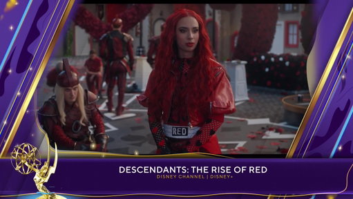 The #ChildrensEmmys Award for Outstanding Hairstyling and Makeup goes to Descendants: The Rise of Red (Disney Channel | Disney+). 