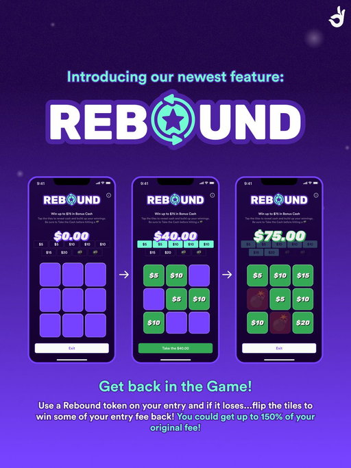 Get back in the Game with our brand new feature called Rebound! 🔄

Place a Rebound token on any eligible entry and if it doesn’t win it’s time for Rebound!

Tap the tiles 🟩
Avoid the bombs 💣
Secure the bonus funds 💵

Swipe to learn more 👉

Ts&amp;Cs do apply. 