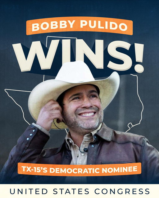 Bobby Pulido is your Democratic nominee to take back Texas’s 15th Congressional District! 

Bobby knows this district in and out, and he’s ready to deliver for South Texas. Let’s go win this seat in November! 