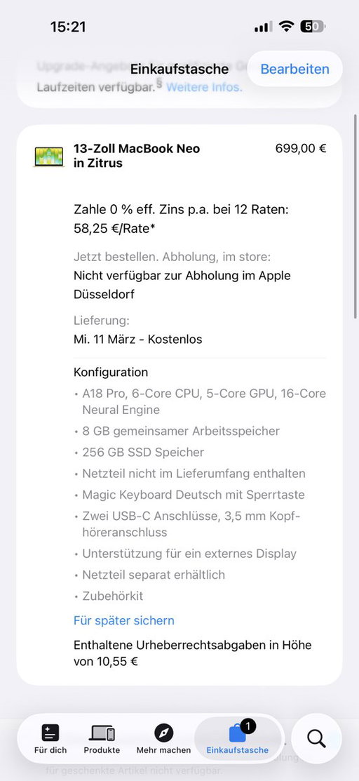 Und das ist das A18 MacBook. 699,- für 256GB und 8GB RAM. Das wird einige Hersteller da draußen sehr hart treffen. 