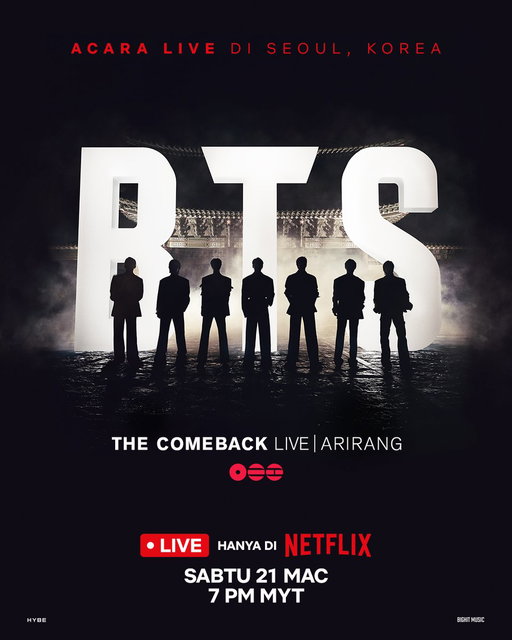 ARMY, korang dah sedia tak? 🎤 BTS THE COMEBACK LIVE | ARIRANG. 21 Mac, 7PM MYT. LIVE di seluruh dunia, hanya di Netflix. #BTSLiveonNetflix #BTS_ARIRANG 