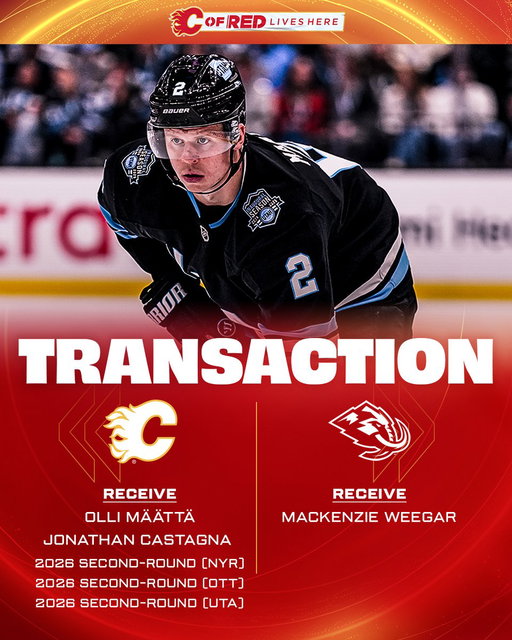 TRADE ALERT‼️

We have acquired Olli Määttä, Jonathan Castagna and three 2026 second-round picks from Utah in exchange for MacKenzie Weegar.

🔗: https://t.co/c5QJCBpiWp 