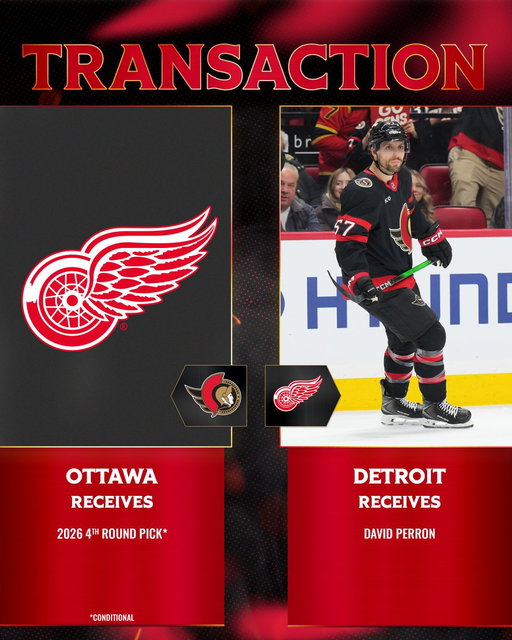 TRADE ALERT: The #Sens have acquired a conditional 4th round pick in the 2026 NHL Draft from the Detroit Red Wings in exchange for forward David Perron. 
