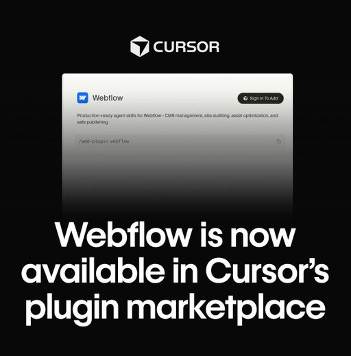 Webflow 🤝 @cursor_ai 

Webflow is now available natively in Cursor via their new plugin marketplace. 

Bulk CMS updates, accessibility audits, asset optimization, safe publishing — all from inside Cursor.

10 agent skills. 1 MCP server. One install.

Explore the plugin → https://t.co/dKVUNOcl4S