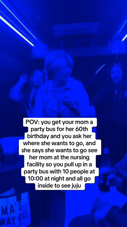 "Mom asked if the party bus could go see My grandma in a nursing rehab facility. She has dementia and Alzheimer’s. She was dead asleep when we showed up at 10pm with 10ppl standing in her room ready to party 😂"  60 years ago they were also in a hospital bed together after all. ❤️ (🎥:sittinxprettyxx)