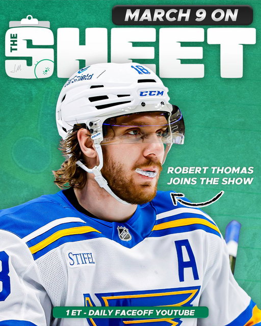 Tomorrow on The Sheet...

Robert Thomas of the St. Louis Blues joins @JeffMarek and @wyshynski to kick off the week!

⏰ LIVE AT 1:00 ET
🎙️ Robert Thomas Joins at 1:30 ET

📺 https://t.co/KV5tqJaoov