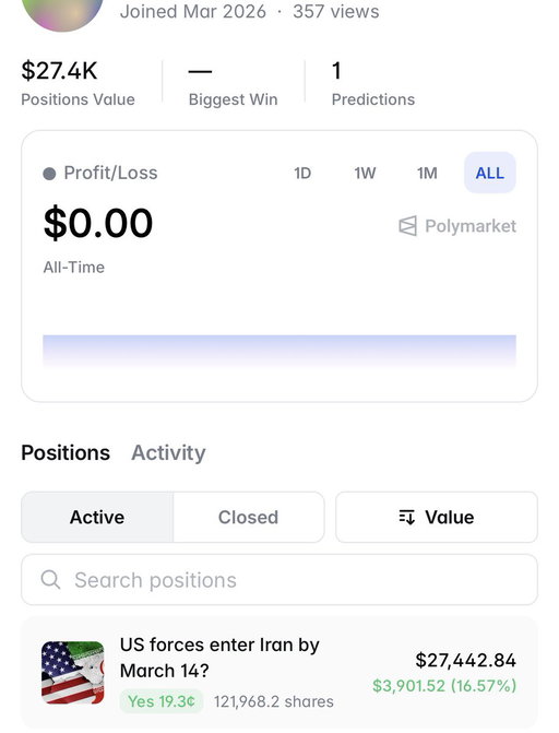 NEW SUSPICIOUS BET 🚨

A fresh wallet just bet $27,000 on U.S. forces entering Iran within 5 days

Zero history.
Just one prediction.
Already sitting on nearly $4,000 profit.

Potential payout: $120,000+

Too many signs people are ignoring… 