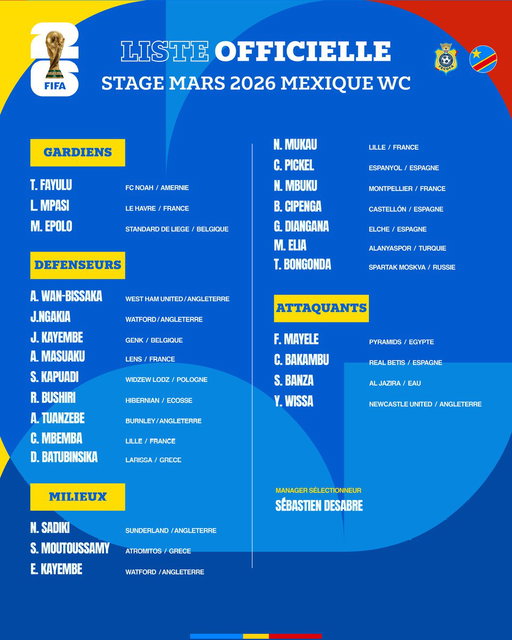 📋 𝐋𝐈𝐒𝐓𝐄 𝐎𝐅𝐅𝐈𝐂𝐈𝐄𝐋𝐋𝐄

🌟 26 Léopards 🐆 sélectionnés par le sélectionneur-manager Sébastien Desabre 🇨🇩 pour la dernière ligne droite des qualifications à la Coupe du Monde, avec un rendez-vous décisif à Guadalajara, au Mexique 🇲🇽.

#FecofaRDC #AllezLesLéopards #RoadToWorldCup #Léopards #BendeleEkweyaTe