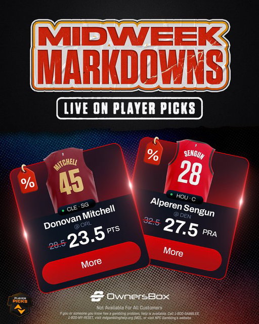 🏀 NBA DOUBLE DISCOUNT 🏀

We just slashed the lines for two of the biggest stars in the game ahead of tonight's action...

🕷️ Donovan Mitchell
🚀 Alperen Şengün

Available NOW on OwnersBox! 
