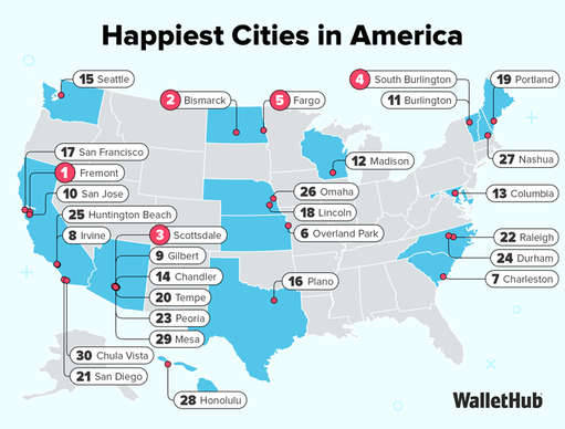 The 10 Happiest Cities in the US (WalletHub) 

1. Fremont, CA
2. Bismarck, ND 
3. Scottsdale, AZ
4. South Burlington, VT
5. Fargo, ND
6. Overland Park, KS 
7. Charleston, SC
8. Irvine, CA
9. Gilbert, AZ
10. San Jose, CA 