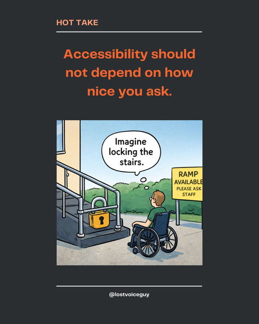 A lot of access still works on a “just ask” system.

Keys behind counters.
Ramps that staff have to unlock.
Entrances that require someone to notice you first. 

What is the most ridiculous “accessible” setup you have seen?

#AccessibilityMatters #DisabledVoices #DisabilityRights 