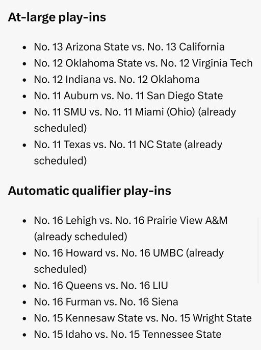This is what a new “First 12” would look like, based on NCAA seed list, First Four Out, and WAB. 

Mid-major AQs get pushed down, and still no room for Belmont, New Mexico, Yale, etc. And Akron, South Florida, McNeese likely would’ve missed w/o autobid: 

https://t.co/pqXqKc7mJE 