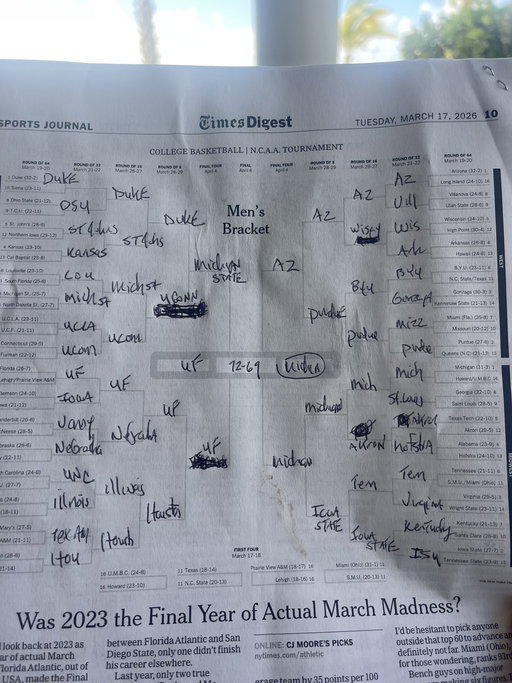 My mostly chalk bracket. Talked myself into two Akron wins. Iowa State is my sleeper. 