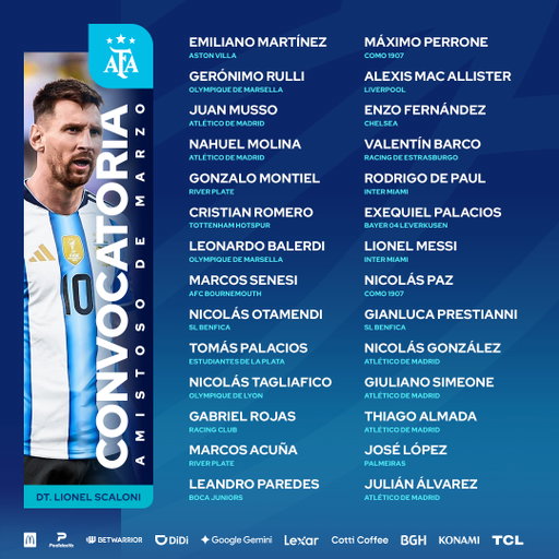 #SelecciónMayor 📋Lista de convocados por el entrenador Lionel Scaloni para la Fecha FIFA de marzo.

¡Vamos Argentina! 🇦🇷 