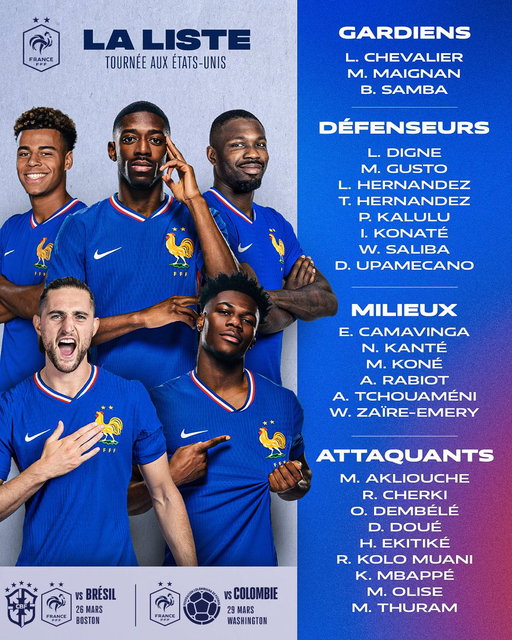 𝐋𝐀 𝐋𝐈𝐒𝐓𝐄 𝐃𝐄𝐒 𝟐𝟔 𝐁𝐋𝐄𝐔𝐒 𝐄𝐒𝐓 𝐋𝐀̀ ! 💙🔥

Cap sur les États-Unis avec 2 matchs face au Brésil 🇧🇷 et à la Colombie 🇨🇴 

🔜 Rendez-vous lundi à Clairefontaine pour l’arrivée 😄 