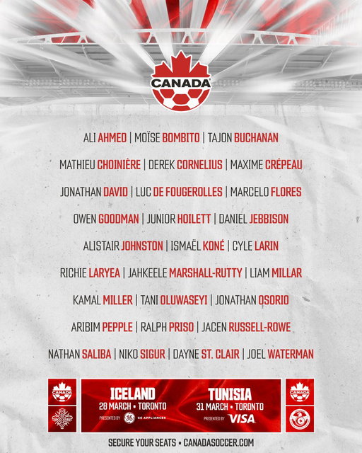 #CANMNT Squad Announced for Final Home Matches in Toronto Ahead of FIFA World Cup 26™ 🍁

Sat 28 March | 🇨🇦 v. 🇮🇸
Tues 31 March | 🇨🇦 v. 🇹🇳
BMO Field, Toronto

TICKETS 🎫: https://t.co/UrkmcJhFex 