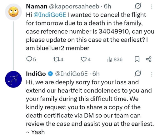 I mean - isn't it so insensitive to ask for a Death Certificate at such a time  or is it the norm? @IndiGo6E 