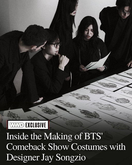 @bts_bighit's long-awaited reunion wasn’t just a performance — it was a cultural moment. For their “Arirang” comeback, the group stepped out in custom Songzio looks that fused traditional Korean dress with avant-garde, armor-inspired design, turning each member into a modern-day protagonist.

"I tried to build a story where these members become some sort of heroes, some sort of warriors who are fighting in these turbulent times and then leading to a brighter future," Songzio told WWD.

Read more on the making of the show's costumes: https://t.co/uA3UxzA2mu