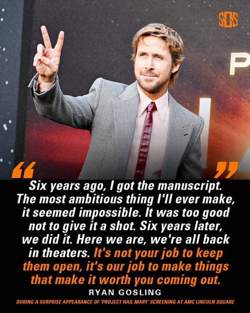 Ryan Gosling: "It's not your job to keep [theaters] open, it's our job to make things that make it worth you coming out" 🪐 (via @projecthailmary) 