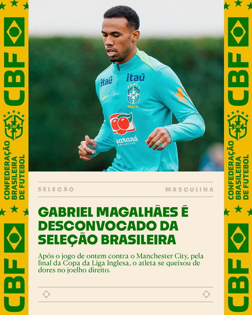 O zagueiro Gabriel Magalhães, do Arsenal, está fora dos amistosos contra França e Croácia. Após o jogo nesse domingo (22) contra o Manchester City, pela final da Copa da Liga Inglesa, o atleta se queixou de dores no joelho direito.

Exames de imagem constataram que Gabriel Magalhães não está apto para as partidas desta Data FIFA. Não será convocado outro jogador para substitui-lo.