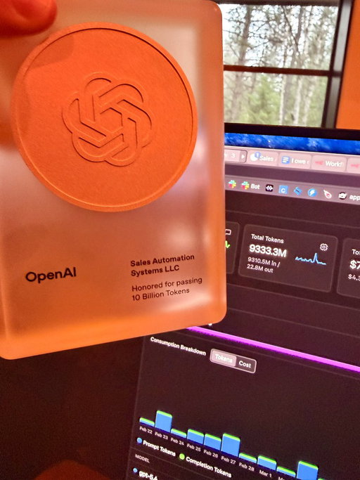Hitting token usage we use to do all year, in single months now

Plaque on the left is from OpenAI about six months ago for being a high user. 

Background on the right is how many tokens we've used in the last 30 days lol 