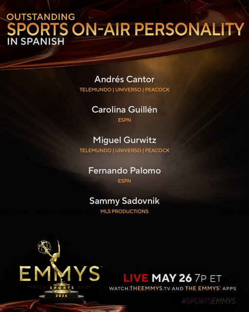 The #SportsEmmys Nominees for Sports On-Air Personality In Spanish are:
-  @AndresCantorGOL (@TelemundoSports @primevideo)
- Carolina Guillén (@espn)
- @Miguel_Gurwitz (@TelemundoSports @primevideo)
- @fernandopalomo (@espn)
- Sammy Sadovnik @sadovnik1965 (MLS Productions) 