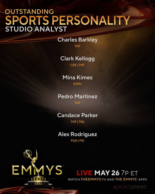 The #SportsEmmys Nominees for Sports Personality – Studio Analyst are:
- #charlesbarkley (@TNTSportsUS)
- @ClarkKelloggCBS (@cbssports)
- @minakimes (@espn)
- @45PedroMartinez (@TNTSportsUS)
- @Candace_Parker (@TBSNetwork)
- Alex Rodriguez @AROD (@foxsports @FS1) 