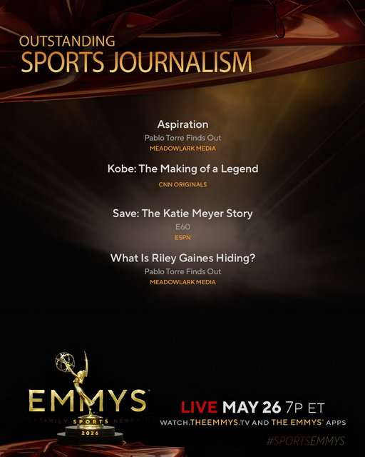 The #SportsEmmys Nominees for Sports Journalism are:
- Aspiration | @pablofindsout (Meadowlark Media)
- Kobe: The Making of a Legend (@CNNOriginals)
- Save: The Katie Meyer Story | @E60 (@espn)
- What Is Riley Gaines Hiding? | @pablofindsout (Meadowlark Media) 