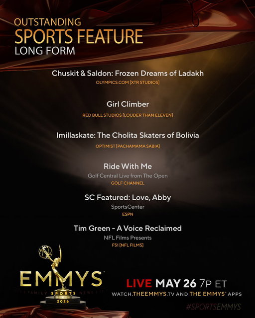 The #SportsEmmys Nominees for Sports Feature – Long Form are:
- Chuskit & Saldon (http://olympics.com/)
- Girl Climber (#redbullstudios)
- Imillaskate (@OptimistFilms)
- Ride With Me (@GolfChannel)
- @SportsCenter Featured: Love, Abby (@espn)
- Tim Green - A Voice Reclaimed (@FS1)