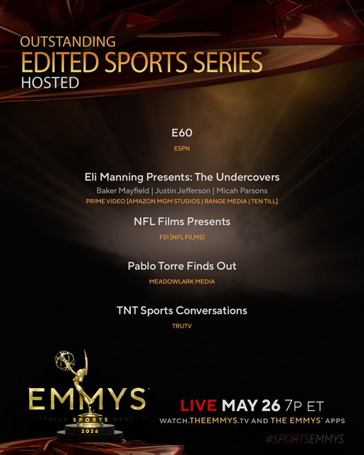 The #SportsEmmys Nominees for Edited Sports Series – Hosted are:
- @E60 (@espn)
- @EliManning Presents: The Undercovers (@primevideo)
- @NFLFilms Presents (@FS1)
- Pablo Torre Finds Out @pablofindsout (Meadowlark Media)
- @tntsports Conversations (@truTV) 