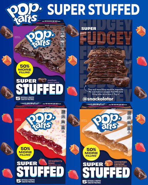 Pop-Tarts is dropping new SUPER STUFFED varieties that have 50% more filling than the OG!

These will arrive in April and the Molten Lava Cake &amp; Strawberry Blast will be in all stores and Cinnamon Caramel will be a Walmart exclusive.

Are you grabbing the new stuffed @PopTartsUS? 