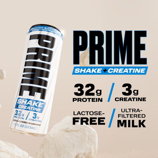 PRIME SHAKE + CREATINE. 32g protein plus 3g creatine monohydrate, a clinically studied daily amount to support strength, performance, and recovery, all in one ready to drink can.
 
People have spent years trying to make creatine work in a ready to drink format. Our CreaShield™ system solves that problem by protecting creatine and keeping it stable in liquid. We not only made it work, we made it taste great too.
 
32g protein 3g creatine monohydrate 3g sugar 160 calories Lactose-free
 
No powders. No mixing. Just grab and go