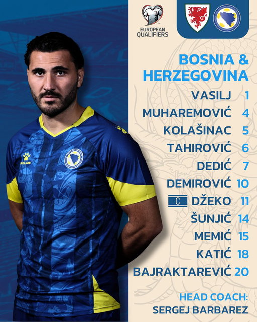🏴󠁧󠁢󠁷󠁬󠁳󠁿🆚🇧🇦 Ovo je 11 Zmajeva koje je Sergej Barbarez odabrao za Vels.

💙💛Igra se za ponos i za Bosnu i Hercegovinu!

Sretno! 🍀

#NFSBiH #zmajevi #europeanqualifiers #worldcup2026qualifiers #dreambigdreambih 