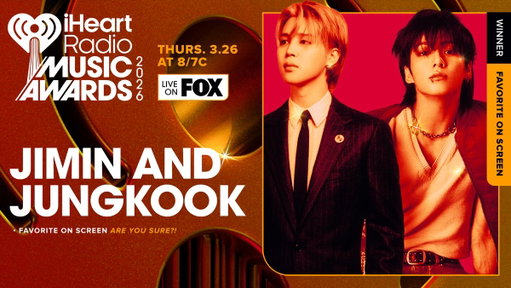Jimin &amp; Jungkook win Favorite On Screen at the #iHeartAwards2026! 💜 

Watch our show LIVE on @FOXTV tonight at 8/7c! 
