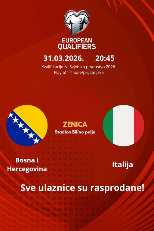 Obavještavamo navijače da su sve ulaznice za predstojeći susret sa Italijom rasprodate.
Hvala vam na velikom interesovanju i podršci našim Zmajevima! 