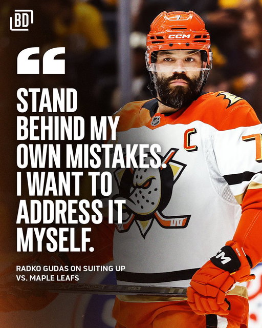 Radko Gudas explains his decision to suit up against the Maple Leafs tonight. The Ducks' captain was suspended five games earlier this month after a knee-to-knee hit on Auston Matthews that resulted in a Grade 3 MCL tear for the Leafs' captain. 