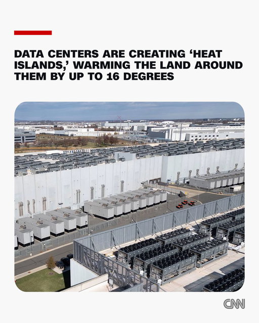 The vast data centers that power artificial intelligence guzzle huge amounts of energy but they also have another alarming impact, according to new research. They are creating “heat islands,” warming the land around them by up to 16 degrees Fahrenheit, and making life hotter for more than 340 million people. https://t.co/BwiDK2wSeo