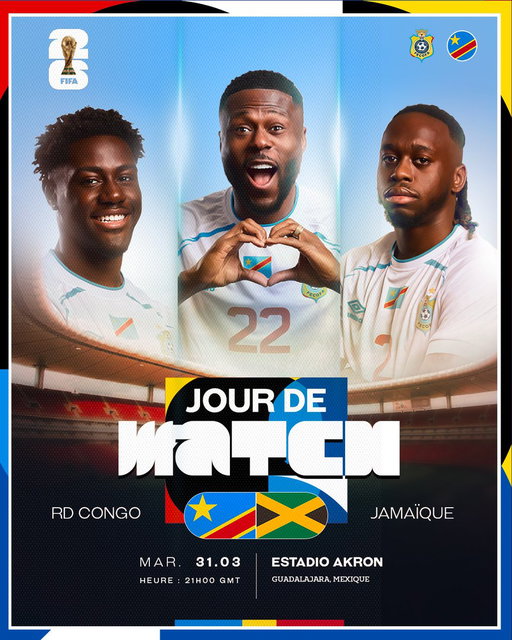 [🔥 𝐉𝐎𝐔𝐑 𝐃𝐄 𝐌𝐀𝐓𝐂𝐇 🐆]

Le moment tant attendu est arrivé.

Nos Léopards 🇨🇩 affrontent la Jamaïque 🇯🇲 pour un rendez-vous décisif à Guadalajara 🇲🇽.

⚔️ Match international
📍 Estadio Akron
🗓 Mardi 31 mars
⏰ 21h00 GMT
⏰ 22h00 Kinshasa 
⏰ 15h00 Guadalajara 

Dernière marche avant l’objectif…
Fierté, engagement et union pour écrire l’histoire. 💪🏾🐆🔥

🇨🇩 Tous derrière nos Léopards !

#FecofaRDC #AllezLesLéopards #JourDeMatch #RoadToWorldCup #BendeleEkweyaTe #Team243
