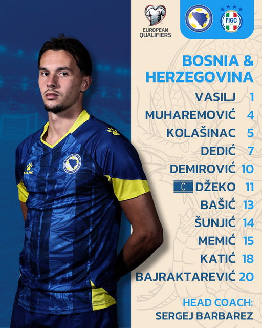 🇧🇦🆚🇮🇹 Još sat i 20 minuta do početka utakmice - do velikog finala.

Selektor Sergej Barbarez izabrao je 11 Zmajeva koji će večeras početi utakmicu.

💙💛Sretno Zmajevi! 🐉Nikad sama nisi ti...

#NFSBiH #zmajevi #europeanqualifiers #worldcup2026qualifiers #dreambigdreambih 