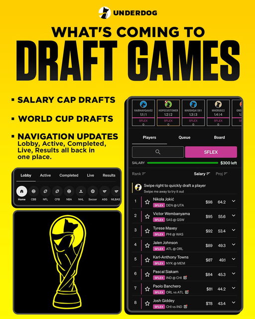 Also… April Fools. Drafts aren’t going anywhere.

In fact, we will be shipping some new things we’re very excited about: Salary Cap Drafts and World Cup Drafts.

Additionally, we’re adjusting our navigation with Lobby, Active, Completed, Live and Results all in one place. 