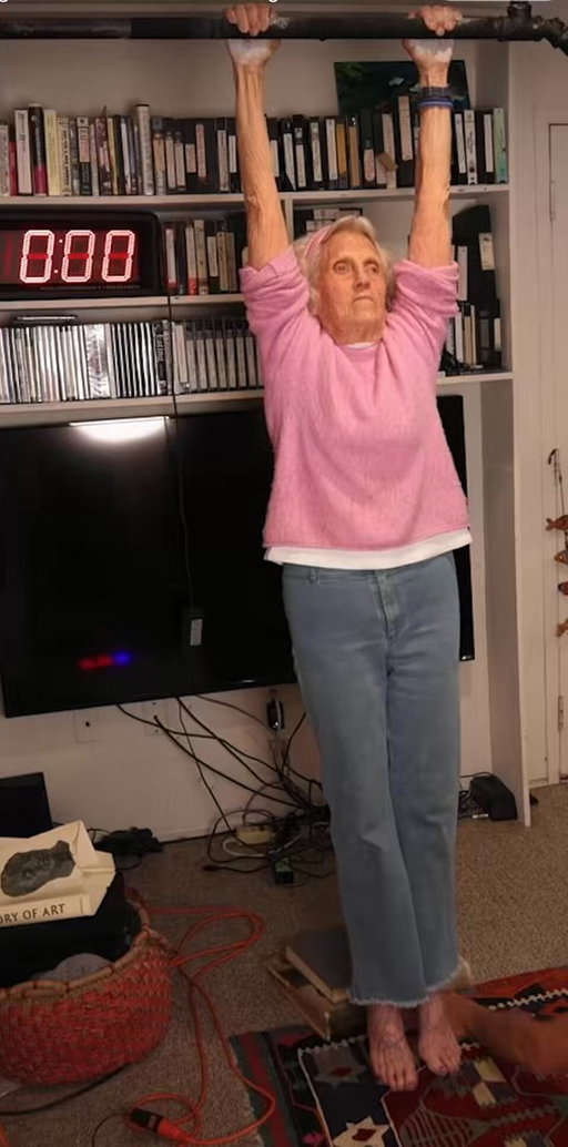 93 years &amp; 231 days old Ann Esselstyn dead hangs for 2 min 52 seconds! To set new WR. (Maybe we call it live hangs instead now?) Distal strength reflects many things. 
