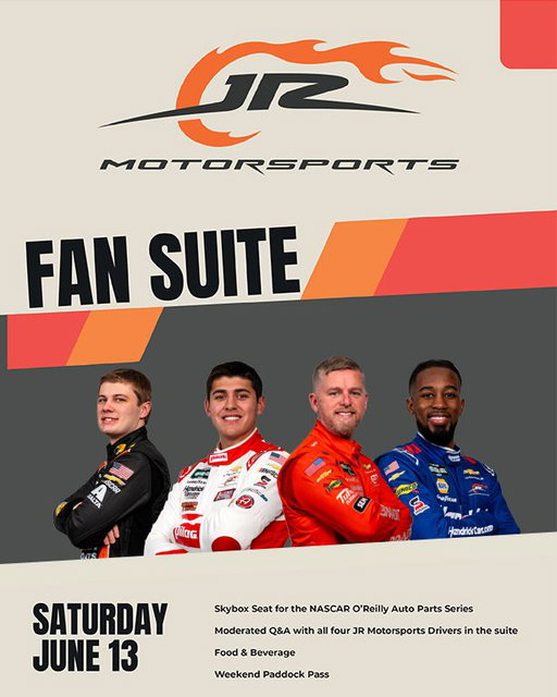 🏁ICYMI🏁: IT'S BACK! The JR Motorsports Saturday Fan Suite returns for its 5th year!

Enjoy the MillerTech Battery 250 presented by KOA - NASCAR O'Reilly Auto Parts Series race in the JRM Fan Suite!

Includes an appearance w/ @J_Allgaier, @Carson_Kvapil, @rajahcaruth_  & @sammysmithSS!

➡️: https://t.co/uLNlwZHU4A

@JRMotorsports