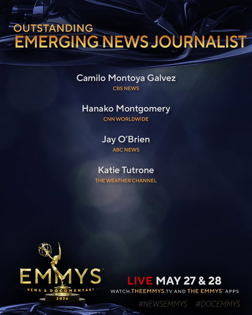 The #NewsEmmys Nominees for Emerging News Journalist are:
- Camilo Montoya Galvez (@CBSNews)
- Hanako Montgomery (@CNN)
- Jay O'Brien @jayobtv (@ABC)
- Katie Tutrone (@weatherchannel) 