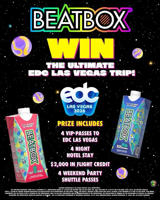 🌈 ULTIMATE EDC VEGAS VIP EXPERIENCE SWEEPSTAKES 🌈

Tag your rave squad. This is NOT a drill. 🚨

You have the chance to win the ultimate EDC Vegas VIP experience:
✨ 4 VIP EDC LV Tickets
✨ 4 Shuttle Passes
✨ $2,000 travel stipend
✨ 4-Night Hotel Stay

Basically… all you have to do is show up. Enter for a chance to win in our link in bio! ⚡

BEATBOX BEVERAGES® LAS VEGAS FESTIVAL 2026 SWEEPSTAKES  

No Purchase Necessary. Open to U.S. residents 21+. Sweepstakes begins at 12:00:00 am Eastern Time (ET) on 4/8/26 and ends at 11:59:59 PM ET on 4/24/26. See Official Rules at https://t.co/eaVQBhTPpB or free entry, prize, and details. Message & data rates may apply. Alcohol is not awarded as a part of this prize. Void where prohibited. Sponsor: Future Beat Brands, LLC d/b/a BeatBox Beverages  

EDC Festival is not a Sponsor of the Sweepstakes, and in no way responsible for the administration of the Sweepstakes, the verification of winners or the fulfillment of prizing. All inquiries regarding the Sweepstakes should be directed to Sponsor.  

EDC is a registered trademark of Insomniac Holdings, LLC. 

​​​© 2026 Anheuser-Busch, BeatBox Beverages, St. Louis, MO. All rights reserved.