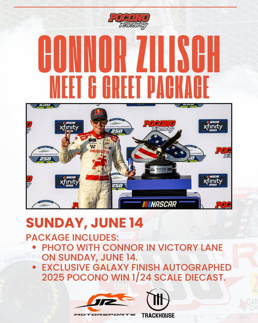 Celebrate @ConnorZilisch's win in our 2025 @NASCAROReillyAP race here last year with this special package!

⭐️Get a picture with Connor Zilisch on Sunday, June 14 in Victory Lane.
⭐️Receive an exclusive autographed Galaxy finish Pocono Win Diecast.

🎟️: https://t.co/npPWiep0O9 