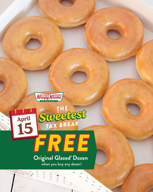 Celebrate Tax Day the sweet way! 💸🍩

FREE Original Glazed dozen when you buy any dozen!

Wednesday, 4/15 only! 