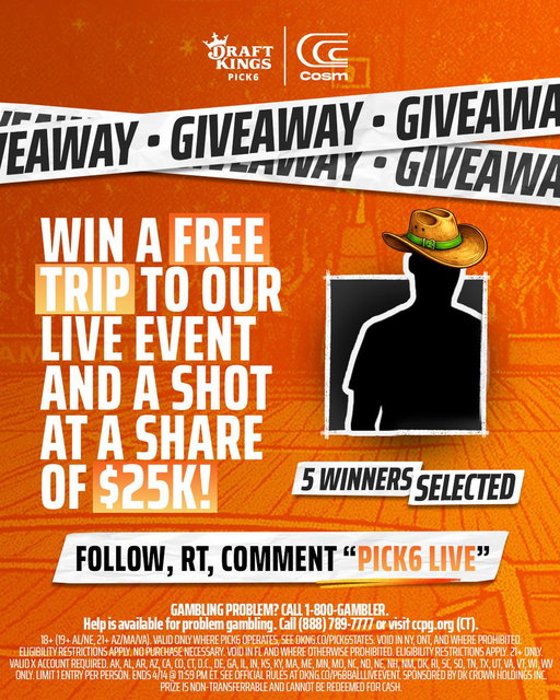 LIVE EVENT GIVEAWAY. 😈

Win a free trip to Dallas, TX to compete for $25k in our Live Event @CosmDallas!

To enter: Follow @Pick6, RT, and comment “PICK6 LIVE”.

Ends tomorrow at 12am. 🫡 
