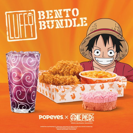 The Luffy Bento Bundle features two legendary pieces of chicken. A bounty of Mac &amp; Cheese. Chopper’s Cupcake. And a Gum-Gum Fruit Lemonade. Will it turn your body into rubber? Who can say? We can. It won’t. 