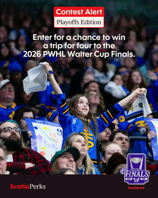Not everyone wins the Walter Cup. But no matter who you cheer for, you could still be a winner with Scotia Perks. Enter for a chance to win an unforgettable trip for you and three friends to watch the two best teams battle it out in the 2026 PWHL Walter Cup Finals. Enter now: https://t.co/pB06hITVe1

*No purchase or account necessary. Must be age of majority. Full rules are on the contest website.